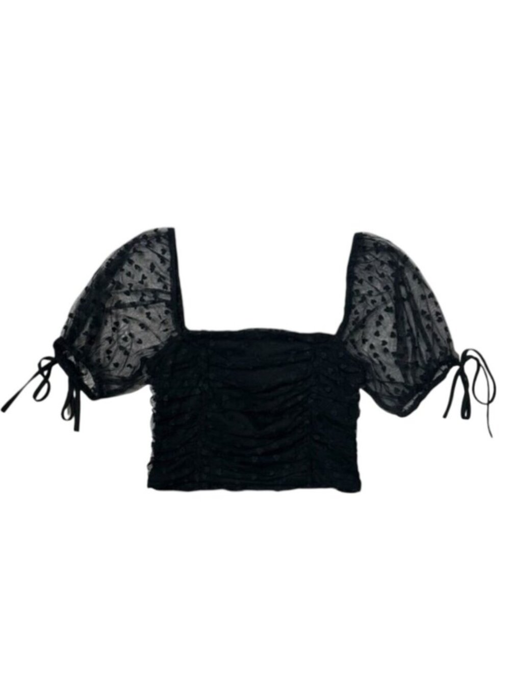 Forever 21 S Crop Y2k Black Puff Slvs Mesh Ruched Heart Print Tie Detail Flirty - Picture 6 of 8